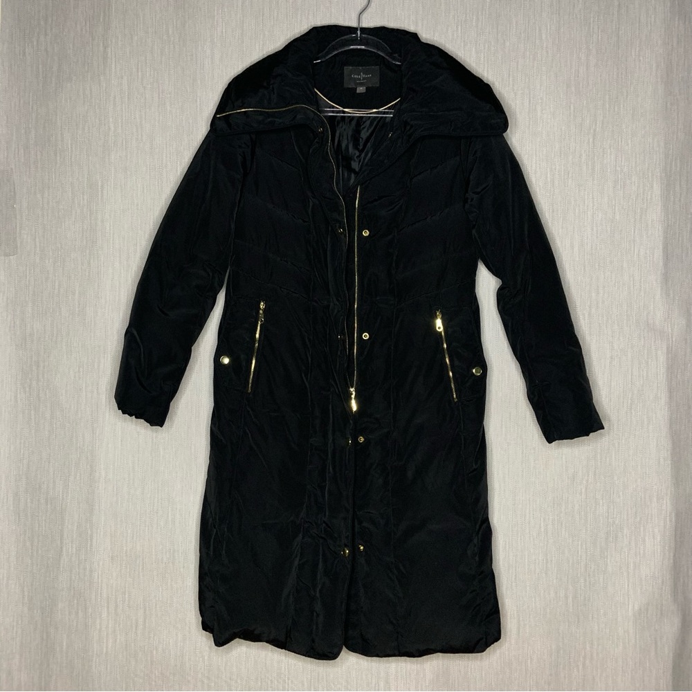 Cole Haan Black Quilted Puffer Long Trench Coat | Down Pillow Collar | Sz Medium